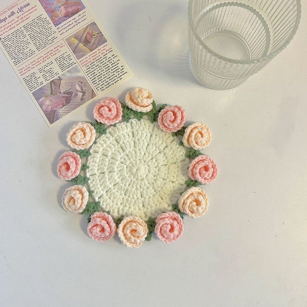 Handmade Rose Bouquet Coaster, Crocheted Yarn Cup Handheld Flower Bouquet, Creative Knitted Floral Tea Cup Coaster