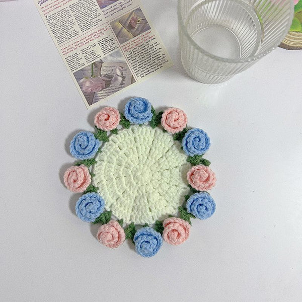Handmade Rose Bouquet Coaster, Crocheted Yarn Cup Handheld Flower Bouquet, Creative Knitted Floral Tea Cup Coaster