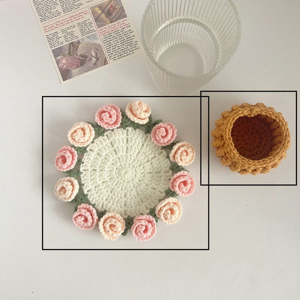 Handmade Rose Bouquet Coaster, Crocheted Yarn Cup Handheld Flower Bouquet, Creative Knitted Floral Tea Cup Coaster