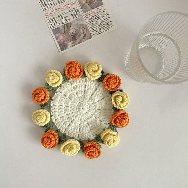 Handmade Rose Bouquet Coaster, Crocheted Yarn Cup Handheld Flower Bouquet, Creative Knitted Floral Tea Cup Coaster
