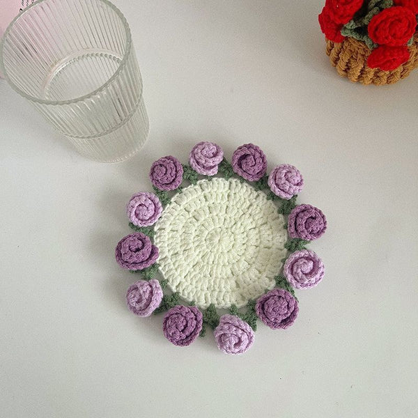 Handmade Rose Bouquet Coaster, Crocheted Yarn Cup Handheld Flower Bouquet, Creative Knitted Floral Tea Cup Coaster