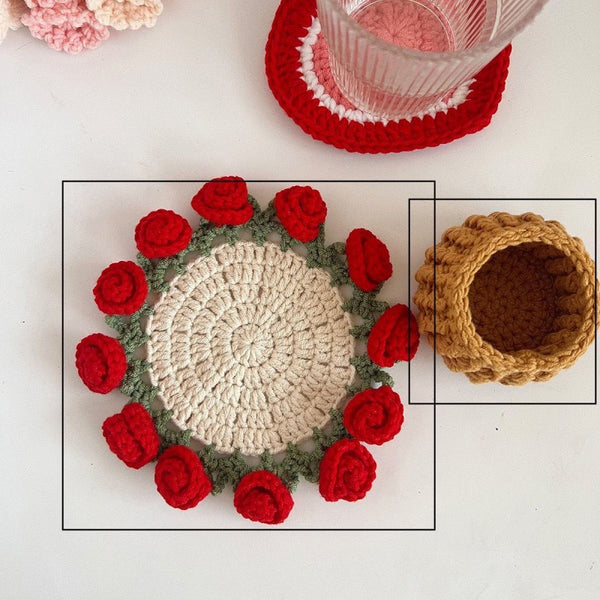 Handmade Rose Bouquet Coaster, Crocheted Yarn Cup Handheld Flower Bouquet, Creative Knitted Floral Tea Cup Coaster