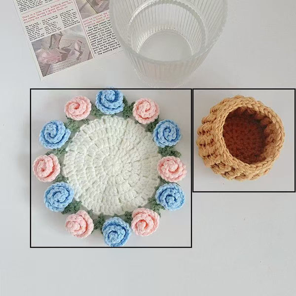 Handmade Rose Bouquet Coaster, Crocheted Yarn Cup Handheld Flower Bouquet, Creative Knitted Floral Tea Cup Coaster