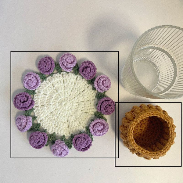 Handmade Rose Bouquet Coaster, Crocheted Yarn Cup Handheld Flower Bouquet, Creative Knitted Floral Tea Cup Coaster