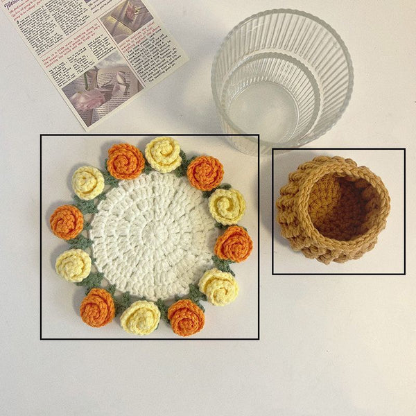 Handmade Rose Bouquet Coaster, Crocheted Yarn Cup Handheld Flower Bouquet, Creative Knitted Floral Tea Cup Coaster