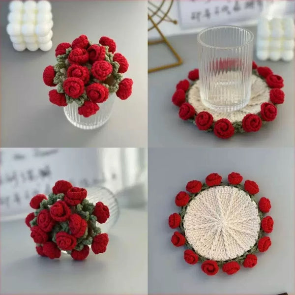 Handmade Rose Bouquet Coaster, Crocheted Yarn Cup Handheld Flower Bouquet, Creative Knitted Floral Tea Cup Coaster