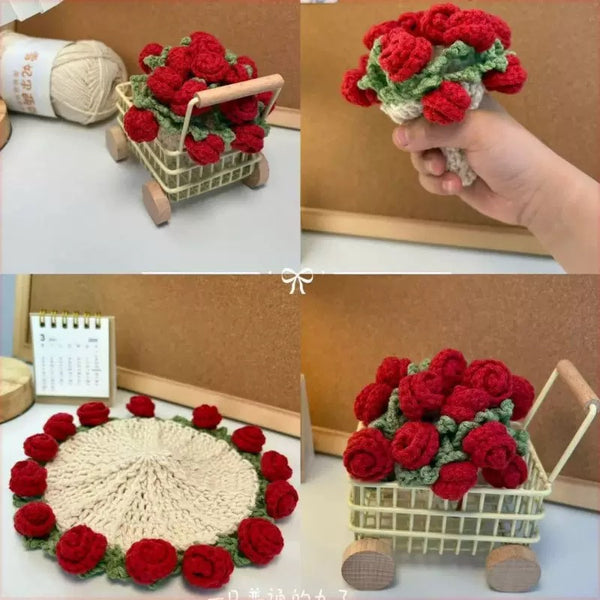 Handmade Rose Bouquet Coaster, Crocheted Yarn Cup Handheld Flower Bouquet, Creative Knitted Floral Tea Cup Coaster